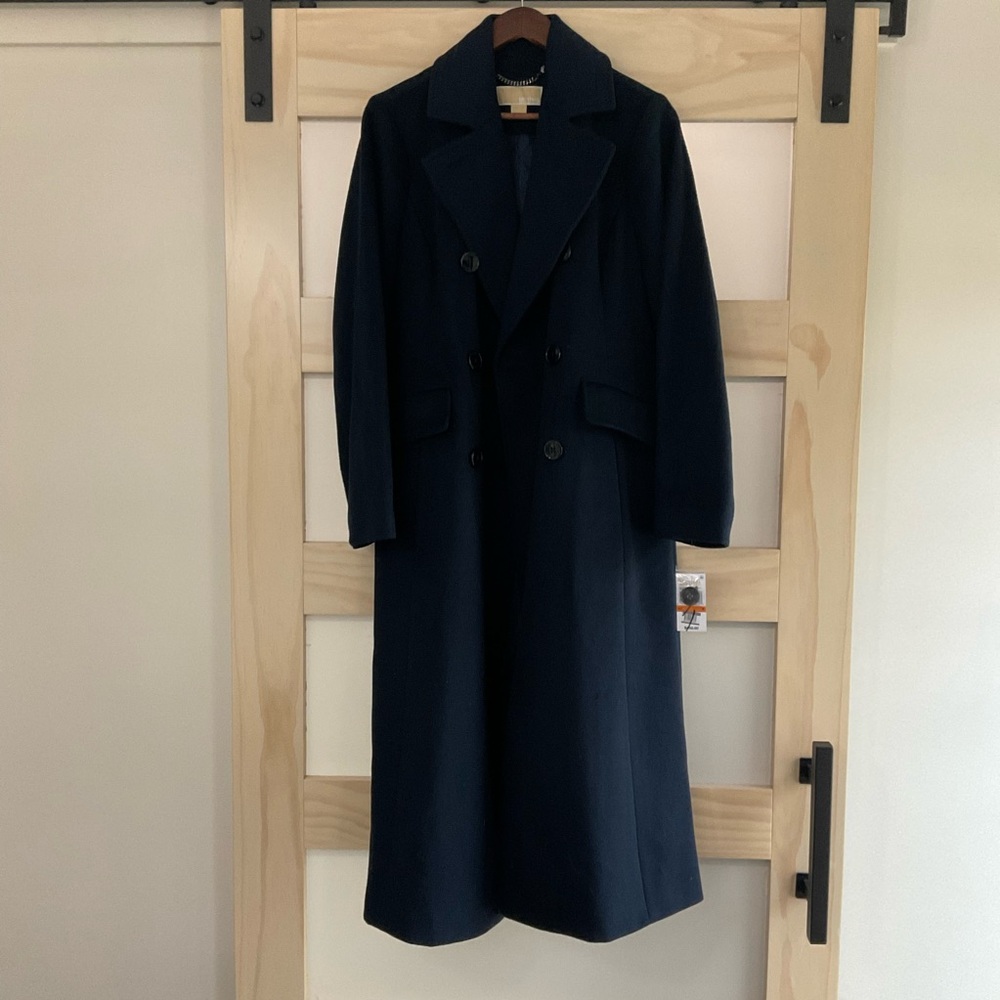 Michael Kors Double Breasted Wool Blend Long Coat Navy Blue Size Small NWT - Picture 2 of 5